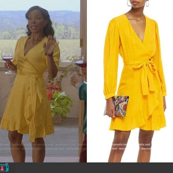 New Maje Seya Ruffled Polka-Dot Jacquard Marigold Wrap Dress NWT 10 US=XL/42 FR - Picture 8 of 10